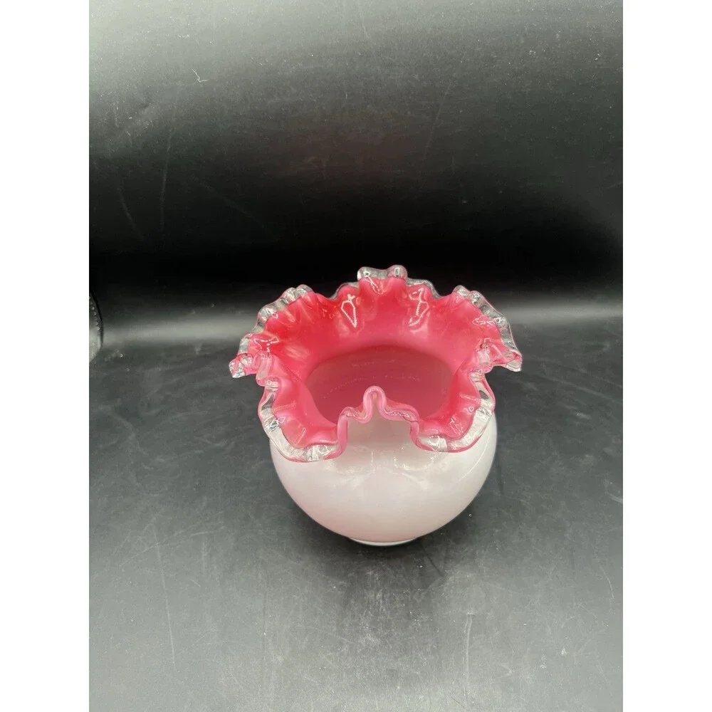 Vintage Fenton Peach Crest White Cased Rose Bowl Vase Pink Interior Ruffled Rim